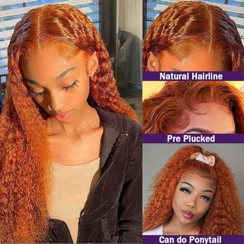 Curly Human Hair Wig 13¡¿6 Deep Wave Lace Front Wigs Human Hair 180 Density Deep Wave Wigs with Hairline Ginger Wig Human Hair 350# Colored 24 Inch