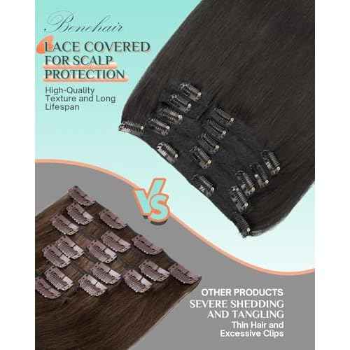 Benehair Clip in Hair Extensions Real Human Hair 22inch Double Weft Natural Black Hair Extensions Clip in Human Hair Invisible Lace Weft Straight Hair Extensions Clip ins 7pcs with 16 Clips 130g #1B