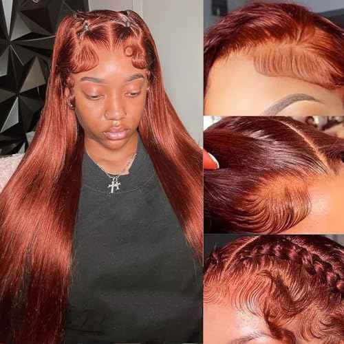 Reddish Brown Lace Front Wigs Human Hair Pre Plucked Brazilian Unprocessed Straight 13x4 HD Lace Frontal Wig with Baby Hair Auburn Copper Colored Wigs for Women (Reddish Brown,24 Inch)