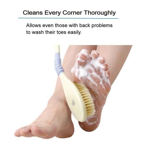 Back Scrubber for Shower [Made in Japan] Flexible Head Wet or Dry Brushing Body Brush, Natural Boar Bristle, Long Handle Exfoliating