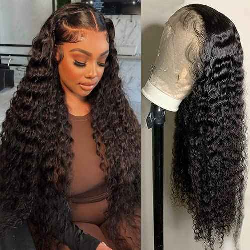 Deep Wave Lace Front Wigs Human Hair Wigs for Black Women 13x4 HD Transparent Lace Frontal Glueless Wigs Human Hair Pre Plucked 180% Density Natural Black natural color 24 inch