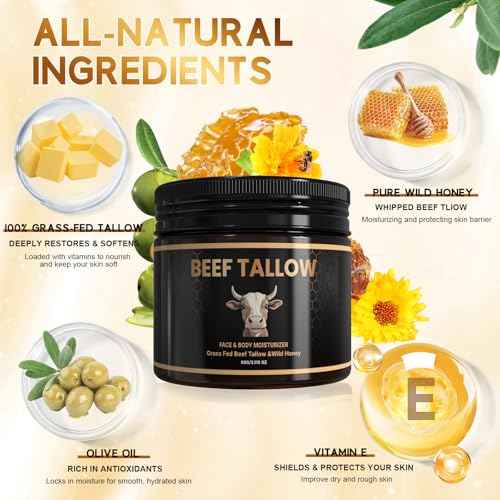 Beef Tallow for Skin, Grass-Fed Beef Tallow and Honey Balm with Olive Oil, Whipped Face Moisturizer Cream for Body, Natural Formula for Dry & Sensitive Skin, Light Scent (2.11, Unscented)