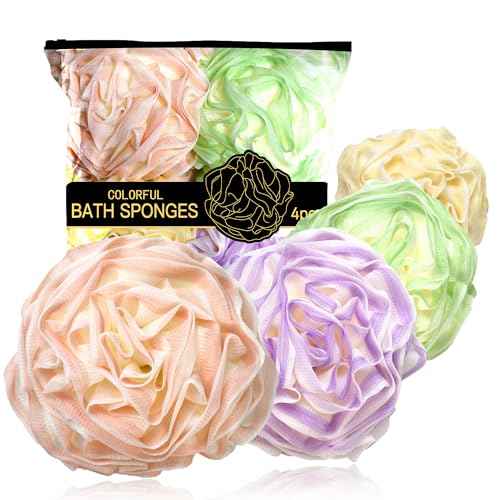 Large Bath Sponge Pouf 70g, 6.3 Inch Exfoliating Shower Loofah, Soft Durable PE Mesh with Reinforced Knotting, Rich Lather Body Wash Scrubber, 4-Pack Elegant Colors Gift Set£¨B-4Pcak£©