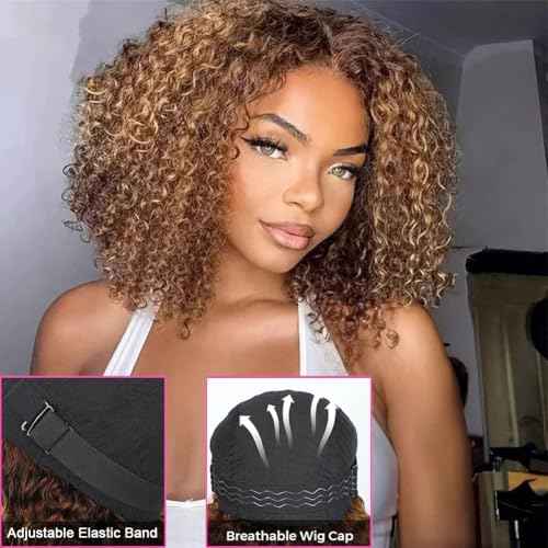 16 inch Wear and Go Glueless Wig Ombre Highlight 4/27 Kinkycurly Wigs Pre Cut Transparent Lace Wig human hair Pre Plucked,Natural Hairline for Women 200% Density