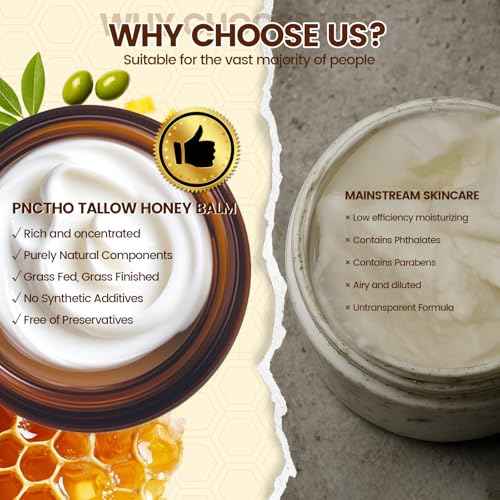 Beef Tallow for Skin, Tallow and Honey Balm with 100% Grass-Fed Beef Tallow & Raw Wild Honey, Natural Face & Body Moisturizer for Deep Hydration, Barrier Repair, Soothing Relief 2.1 OZ