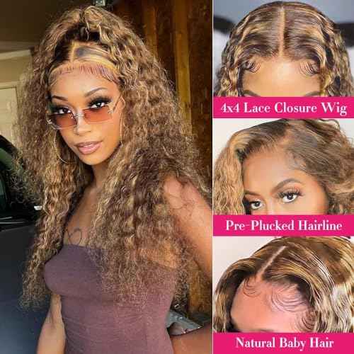 FIRIEYA 4/27 Highlight Lace Front Wigs Human Hair Pre Plucked 180 Density 4X4 Ombre Honey Blonde Deep Wave Lace Closure Wigs for Women 22 Inch