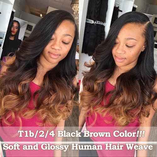 10A Human Hair Bundles With Closure Ombr? Loose deep Wave Bundles (T1B/2/4,14 16 18+14) Ombre Brazilian Raw Human Hair Virgin Remy Loose Wave Hair 3 Tone Black to Brown