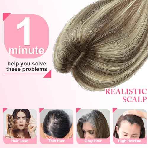 Hair Toppers for Women Real Human Hair Topper for Women with No Bangs Hairpieces Comfortable and Breathable 10 Inch Swiss Base 3D 360¡ÆCover Glue-free (Medium Brown with Ash Blond Highlights)