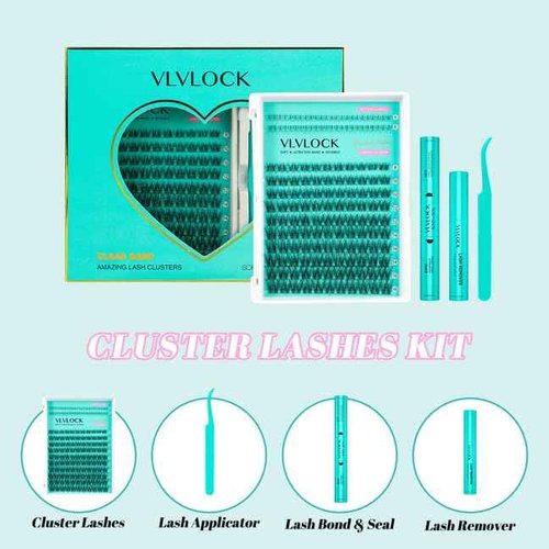 VLVLOCK Lash Clusters Kit Clear Band Natural Cluster Lashes with Bottom Lash Clusters 5-16MM Individual Lashes Wispy False Lashes with Lash Bond and Seal,Lash Tweezer DIY at Home(Ivy Kit)