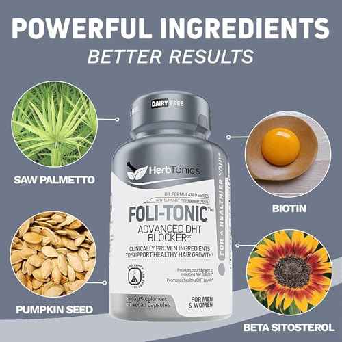Hair Growth Vitamins for Women & Men | DHT Blocker with Saw Palmetto & 10000mcg Biotin, Foli Tonic Hair Growth Supplement ? Supports Fuller, Thicker Hair Appearance, Non-GMO, 120 Vegan Capsules