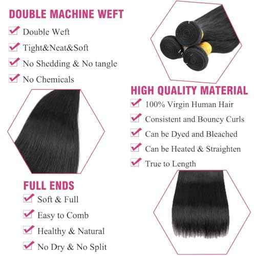 Brazilian Straight Human Hair Bundles Weaves 100% Unprocessed Virgin Straigt Human Hair 3 Bundles 18 20 22Inch Raw Sew in Bundles Deals for Woman Nature Black (100+/-5g)/pc Can be Dyed and Bleached