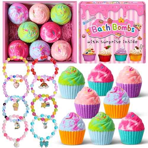 Bath Bombs for Kids with Surprise Bracelets Toys Inside, 8 Cupcake Bath Bombs Gifts Set for Girls, Teens, Children Christmas Birthday Easter, Handmade Fizzes Bubble Spa Bath Kit