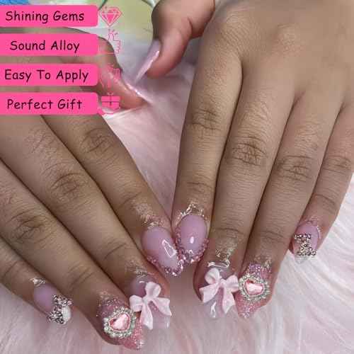 52PCS Pink and Silver Metal 3D Nail Charms Bulk, Bow, Heart, Cherry, Cross and Star Charms for Nails-Shiny Nail Rhinestones for Nail Art, Manicure, DIY Jewelry Making