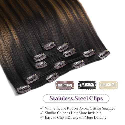Clip in Hair Extensions Real Human Hair 20 Inch Soft Human Hair Clip in Extensions Straight Clip ins Extensions for Women #2/6/2 Balayage Dark Brown to Chestnut Brown 85g 7Pcs Easy to Styling