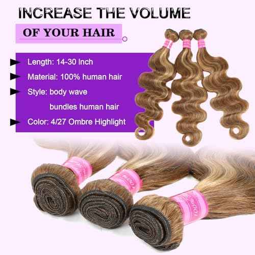 Vallbest Ombre Human Hair Bundles with Closure 16 18 20 +14 Inch Highlight Bundles Human Hair 4/27 Brown Body Wave Blonde Bundles with 4x4 Closure 12A Brazilian Virgin Remy Weave Raw Hair Extensions