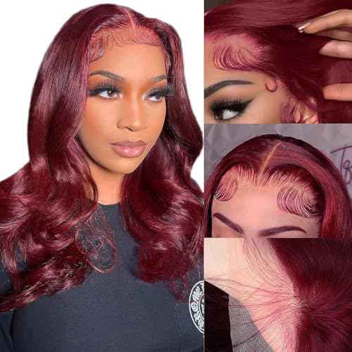 SUPERNOVA 99J Burgundy Lace Front Wigs Human Hair 4x4 HD Body Wave Wigs with Baby Hair 180% Density Red Wine Colored Wigs for Women 16 Inch