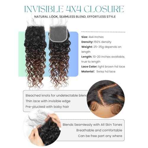 Ombre Human Hair Bundles with Closure 4x4 Water Wave, #T1B/2/30 Chestnut Ombre Brown Wet and Wavy Curly Remy Hair 3 Bundles and 4x4 HD Lace Closure Free Part 10/12/14+10 Inch Dark Roots Weave