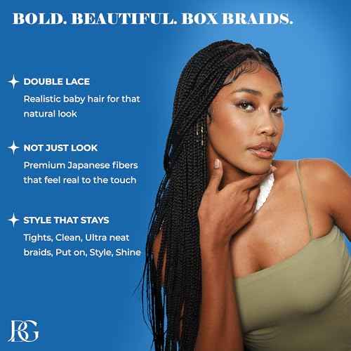 JBG 36 Inch Braided Wigs for Black Women - Knotless Box Braid Wig with Baby Hair, Lightweight Glueless Braided Lace Front Wigs, Full Double Lace Wig, Handmade Synthetic Box Braids, Long Black