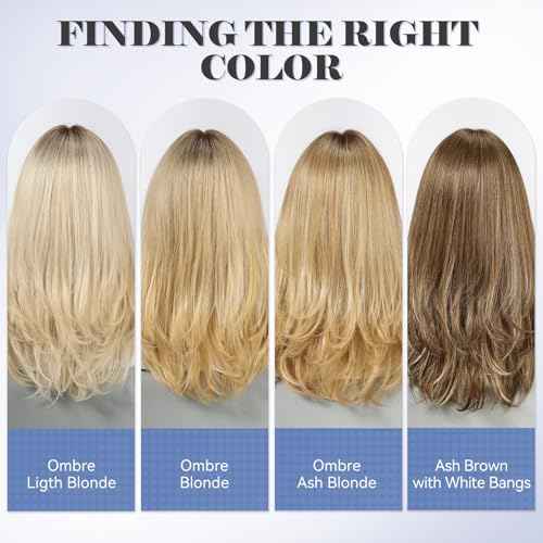 HAIRCUBE Human Hair Wig Lace Front Wig Glueless Wigs Layered Shoulder-Length HairWigs for Women, Ash Brown with White Bangs, Human Hair Blend, 13"¡¿5"¡¿1" HD Lace, 18 Inch Daily Use
