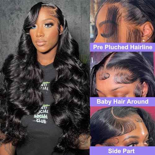 34 Inch Body Wave Lace Front Wigs Human Hair Pre Plucked 13x4 Frontal for Women 180 Percent Density Glueless Transparent HD with Baby 1B