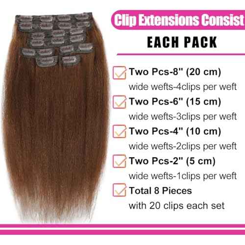 Brown Yaki Straight Clip ins for Black Women Full Head unprocessed Brazilian Remy Human Hair Extensions 22 Inch Seamless Clip ins Human Hair with 20Clips Double Weft 100g Natural Black