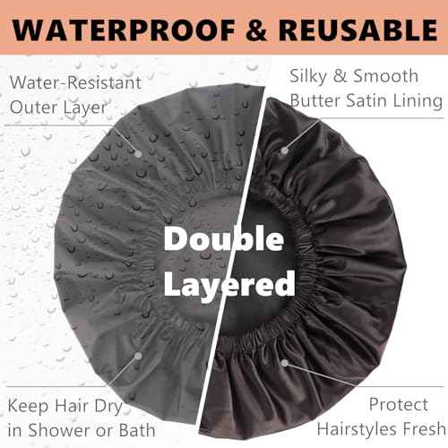 Adjustable Shower Caps for Women Reusable Waterproof Satin Lining Extra Large Shower Cap for Women and Men Long Hair Braids Curly Hair (Xl,Black)