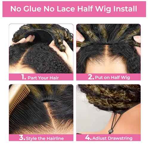 250% Density Kinky Curly Half Wig Human Hair Update 3 In 1 Seamless Flip Over Wigs Human Hair Wear and Go Glueless Wig Beginner Friendly Drawstring Wig for Black Women 16 Inch