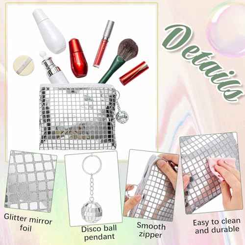 20 Pack Disco Cosmetic Bags Portable Glitter Sequin Mirror Makeup Organizer with Zipper, Suit for Bachelorette, New Years Eve, 70s, 80s, 90s Disco Party Favors (Silver)