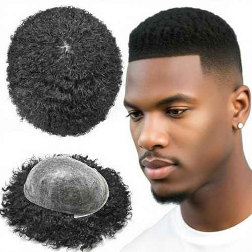 Afro Toupee for Black Men Kinky Curly Brazilian Human Hair Piece African American Wavy Hairpiece Full Poly Thin Skin PU Replacement System(8x10-120% Density,#1B Off Black-12MM Wave)