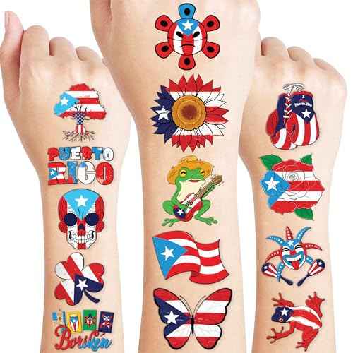 96 PCS Puerto Rico PR Puerto Rican Flag Pre-Cut Temporary Tattoos for Kids | Super Cute Themed Birthday Party Favors, Supplies, Decorations, Fake Tattoo Stickers (multiple)