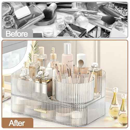 DASITON Makeup Organizer with Drawers and Rotating Makeup Brush Holder,Large Capacity Stackable Cosmetic Organizer Countertop,Bathroom Organizers and Storage,Make up Organizers for Vanity (Clear 02)