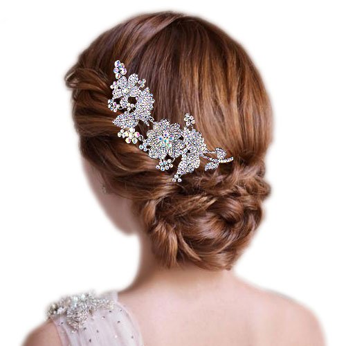 EVER FAITH Women's Austrian Crystal 6 Inch Flower Leaf Hair Side Comb Iridescent Clear AB Silver-Tone