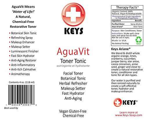 Keys AguaVit All Natural, Chemical-Free, Organic Vegan Botanical Restorative Toner Tonic, Spray Refresher, Fast Skin Hydrator, Makeup Setter, Light Fresh Aromatherapy, 4 ounces
