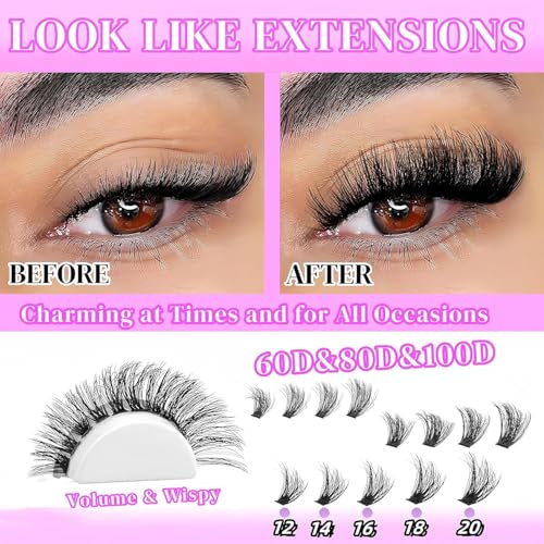 Lash Clusters Kit with 2X Bond&Seal 3 Styles 760Pcs Clusters Lashes Extension Volume Soft Eyelash Extension Kit 80D+100D D Curl Wispy Natural DIY Individual Lash Clusters Kit Box for Beginners