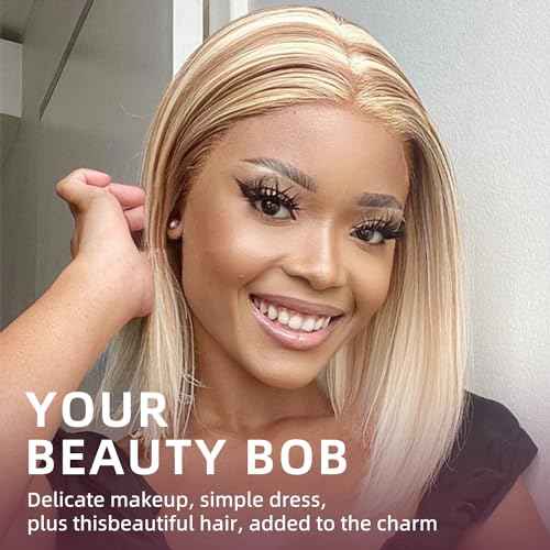 P12/613 Bob Wig Human Hair 13x4 Ready to Go Highlight 12A P12/613 Lace Front Wigs Human Hair 210% Density HD Lace Front Wig Pre Plucked (10inch, 13X4 Bob Wig)