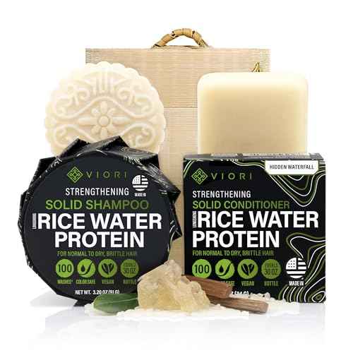 Viori Hidden Waterfall Shampoo and Conditioner Bar Set and Bamboo Holder - Made with Rice Water for Hair Growth - Handcrafted Sulfate Free Shampoo and Conditioner