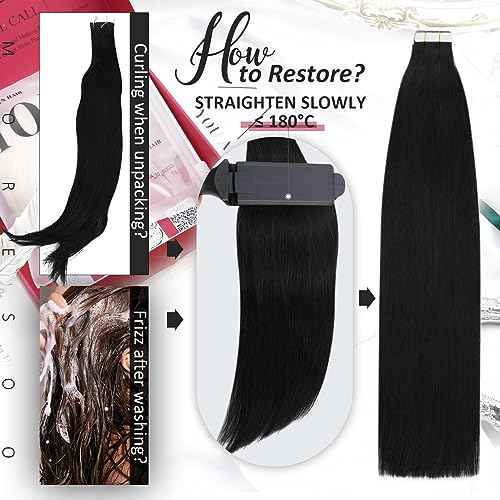 Moresoo Tape in Hair Extensions Human Hair #1 Jet Black Hair Tape in Human Hair Extensions Invisible Glue in Extensions Real Hair Straight 40 Pieces 100g 24 Inch