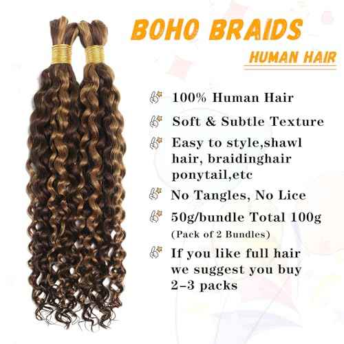 Human Braiding Hair Water Wave Bulk Human Hair For Braiding No Weft Wet And Wavy Human Hair Braiding Hair Extensions For Boho Braids 2 Bundles Human Hair Per Pack 100g (18inch, 4/27#)
