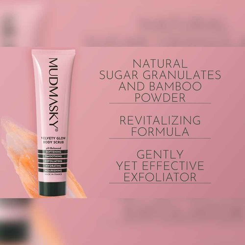 Mudmasky Velvety Glow Body Scrub 6.0 OZ. XXL-size - AS SEEN IN YOUR IPSY GLAM BAG - Exfoliating Bamboo Scrub. Made in France. No harsh chemicals. For Soft, Radiant Skin.