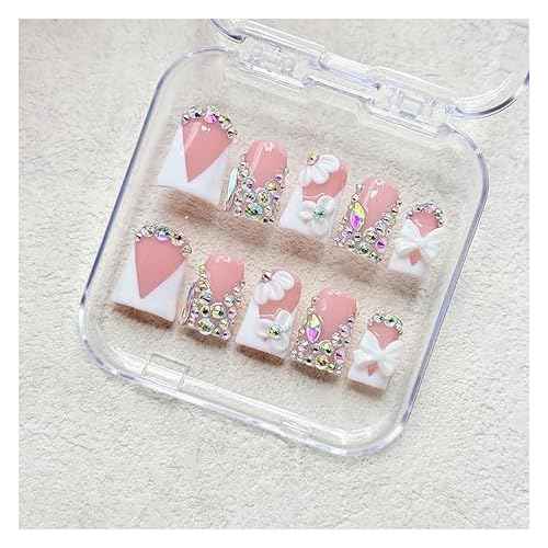 Handmade Press on Nails Rhinestones Press on Nails Short Duck Shaped Fake Nail White French Acrylic Nails Full Cover Reusable Flower False Nail for Women Girls Nail Accessories (Size M)