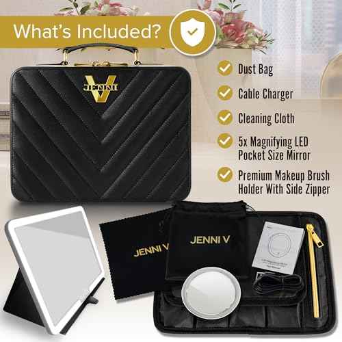 JENNI V Upscale PU Leather Makeup Bag with Light Up Mirror, 3 Brightness Settings, Adjustable Dividers - Replace Your Bulky Vanity While On the Go - Chic Travel Makeup Case Box - Makeup Organizer Bag
