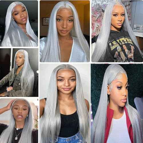 Grey Lace Front Wigs Human Hair Silver 13x4 Straight HD Transparent Lace Frontal Human Hair Wig for Woman Natural Gray Color Glueless Brazilian Virgin Human Hair Wig Pre Plucked Bleached Knot 24 Inch
