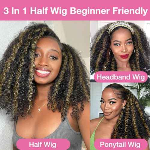 250% Density Kinky Curly Half Wig Human Hair Update 3 In 1 Seamless Flip Over Wigs Human Hair Wear and Go Glueless Wig Beginner Friendly Drawstring Wig for Black Women 16 Inch