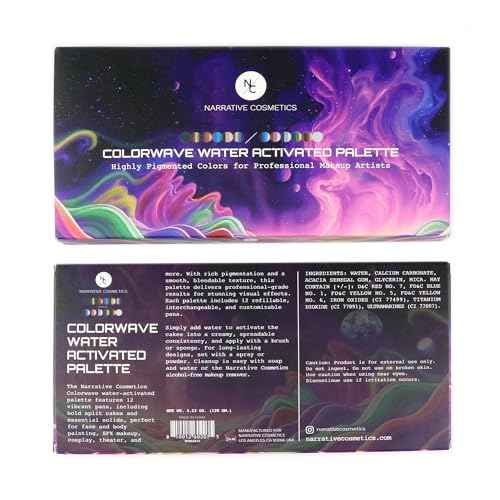 Narrative Cosmetics Colorwave 12-Color Palette - Water-Activated Makeup for Face & Body - Ideal for SFX, Parties, Cosplay, and Theater