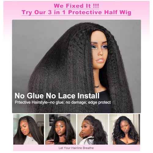 BGM GIRL Kinky Straight 3 in 1 Half Wig Human Hair Glueless Wear and Go No Lace Flip Over Wig With Adjustable Drawstring 180 Density Natural Look Wig For Women 18 Inch