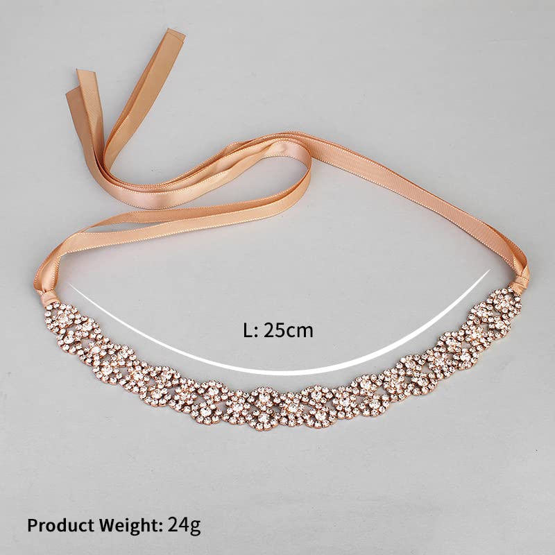 Rose Gold Bridal Headpiece Crystal Wedding Headband Hair Jewelry For Bride and Bridesmaid Hair Vine with Champagne Ribbon