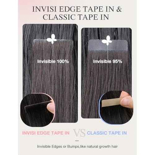 DOORES Invisi Edge Tape in Hair Extensions, Natural Black 10 Injection Tapeins with 10 Injection Tapeins 50g 24 Inch, Injected Tape in Extensions Virgin Hair Thick Ends