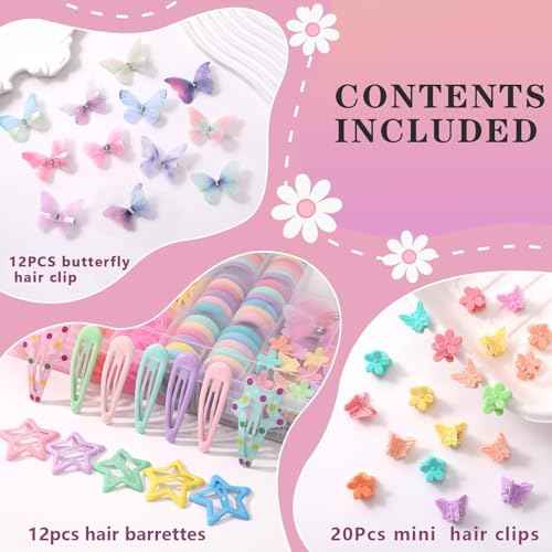 Hair Accessories for Girls, 1350P Colorful Hair Ties with 44P Hair Clips, Glitter Butterfly Hair Clips, Hair Wax Stick, Butterfly Hair Claws, Hair Barrettes with Comb Set&Organizer Box, Christmas Gift
