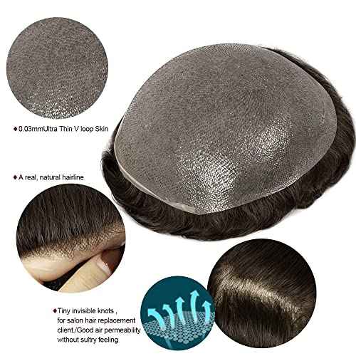 Amiable toupee for men 0.02-0.04mm Ultra Thin Skin Mens Hairpieces 100% European Virgin Human Hair System for Men Soft Skin V-looped mens toupee human hair mens hair piece Color#5 Dark Blonde