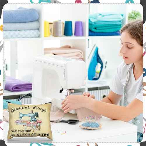 Reginary 6 Pcs Sewing Themed Makeup Bag Funny Sewing Gifts Canvas Cosmetic Pouch with Zipper Quilter Gifts for Women Quilter Enthusiast Mother's Day